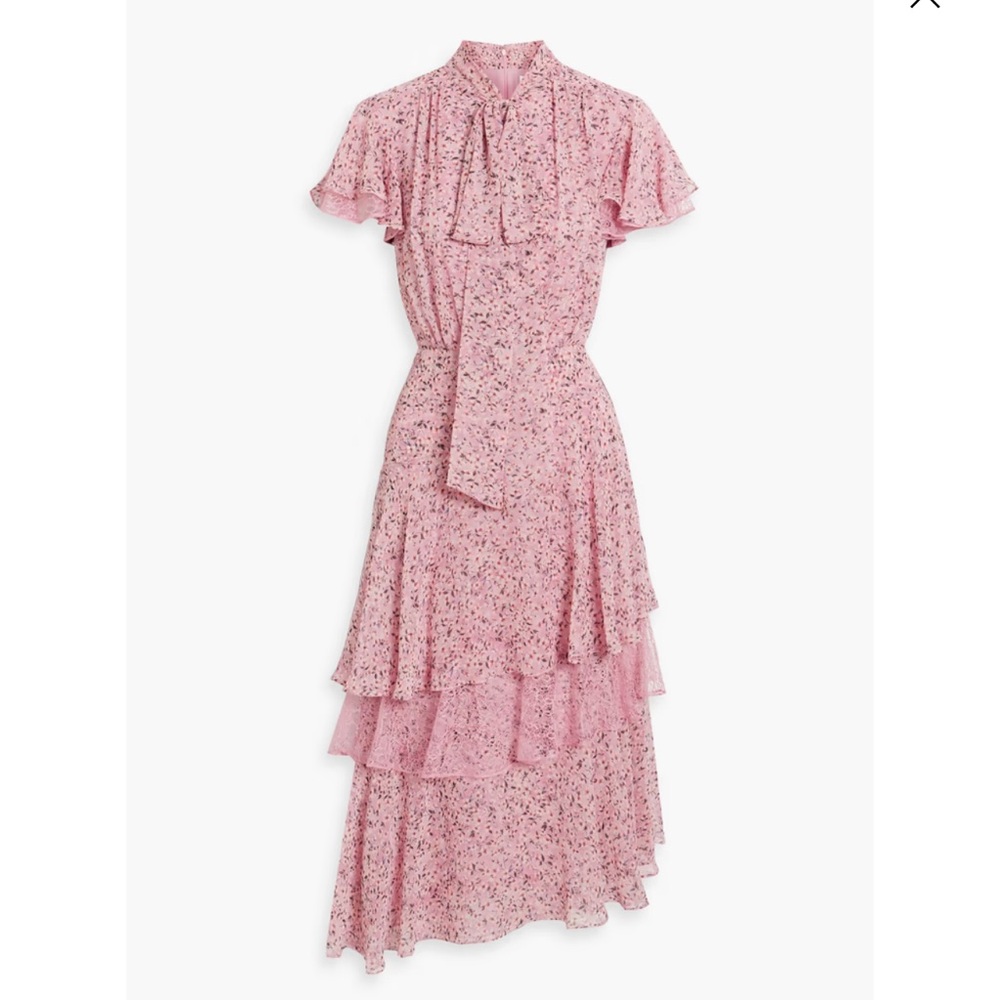 Mikael Aghal Lace-Trimmed Ruffle Floral-Print Midi dress